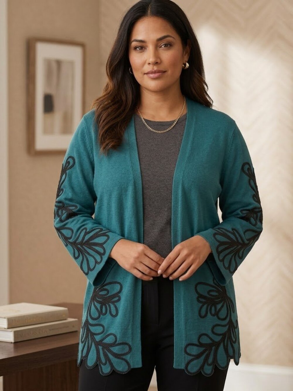 Chico's Open Cardigan w Black Soutache Embroidery Eclectic Grandma Coastal